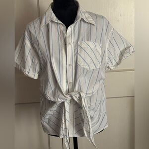 Zara Ladies Shirt Tie Front Short Sleeves White Blue Stripe Size M